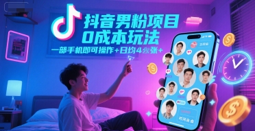 抖音男粉项目0成本玩法,一部手机即可操作,日均4张+,时间自由-来友网创