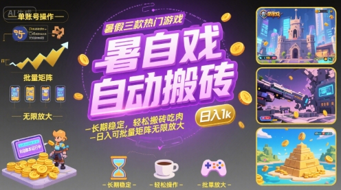 暑假三款热门游戏自动搬砖,长期稳定,轻松搬砖吃肉,日入1k ,可批量矩阵无限放大【揭秘】