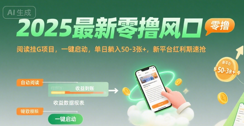 2025最新零撸风口,阅读挂G项目,一键启动,单日躺入 50-3张+,新平台红利期速抢【揭秘】-来友网创