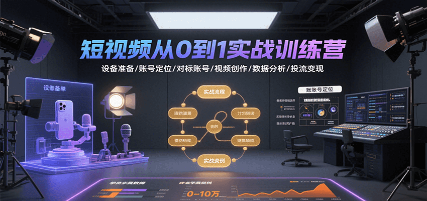 短视频从0到1实战训练营:设备准备/账号定位/对标账号/视频创作/数据分析/投流变现-来友网创
