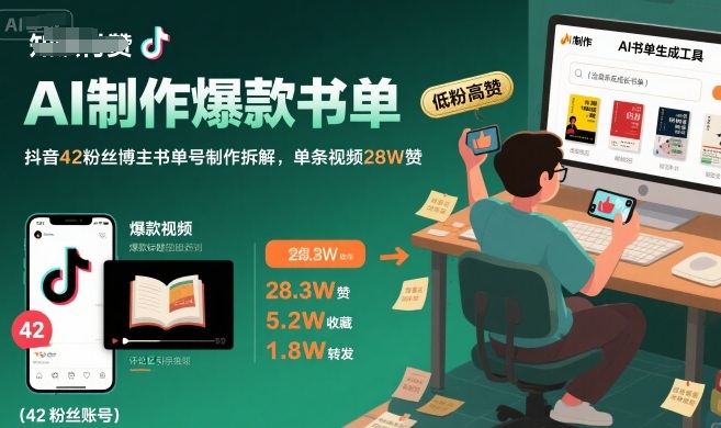 AI制作爆款书单,抖音42粉丝博主书单号制作拆解,单条视频28W赞-来友网创