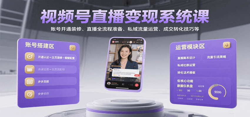 视频号直播变现系统课,账号开通装修、直播全流程准备、私域流量运营、成交转化技巧等-来友网创
