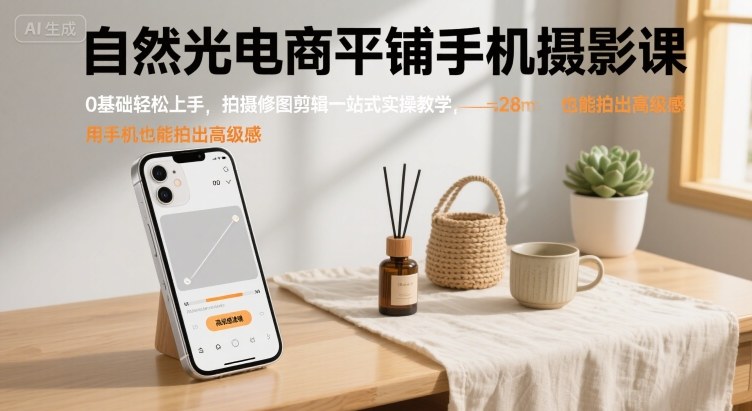 自然光电商平铺手机摄影课,0基础轻松上手,拍摄修图剪辑一站式实操教学,用手机也能拍出高级感-来友网创