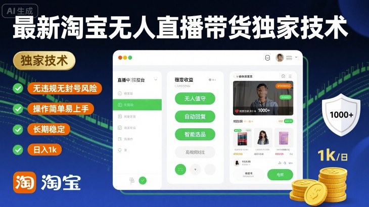 最新淘宝无人直播带货独家技术,无违规无封号风险,操作简单易上手,长期稳定日入1k【揭秘】-来友网创