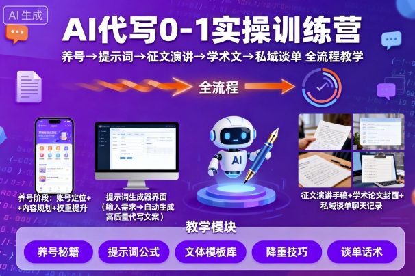 AI代写0-1实操训练营,从养号、提示词、征文演讲、学术文,到私域谈单的全流程教学-来友网创