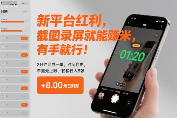 新平台红利,截图录屏就能賺米,有手就行!2分钟完成一单,时间自由,单量无上限,轻松日入5张【揭秘】-来友网创