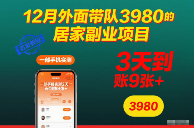 12月外面带队3980的居家副业项目,一部手机实测3天到账9张+,首发教程【揭秘】-来友网创