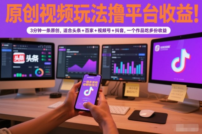 原创视频玩法撸平台收益,3分钟一条原创,适合头条+百家+视频号+抖音,一个作品吃多份收益-来友网创