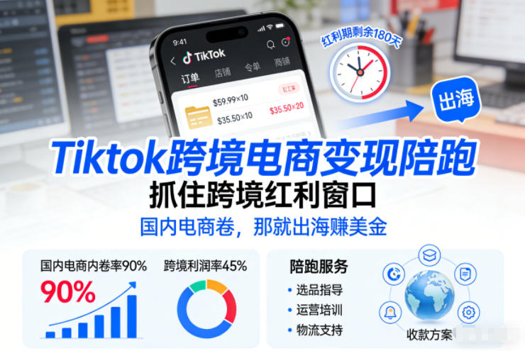 Tiktok跨境电商变现陪跑,抓住跨境红利窗口,国内电商卷,那就出海賺美金-来友网创