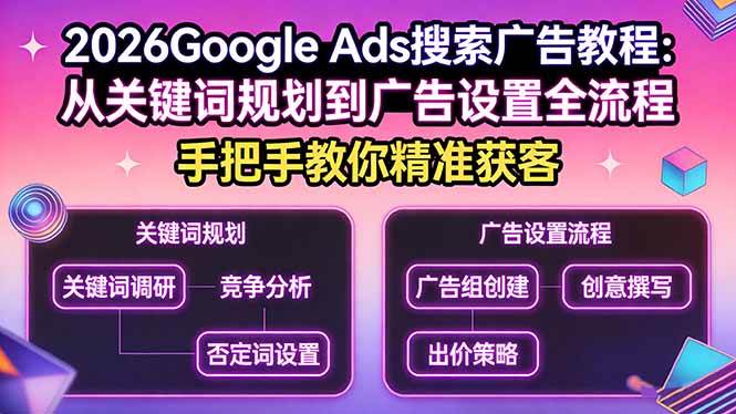 (17641期)2026Google Ads搜索广告教程:从关键词规划到广告设置全流程,手把手教你精准获客-来友网创
