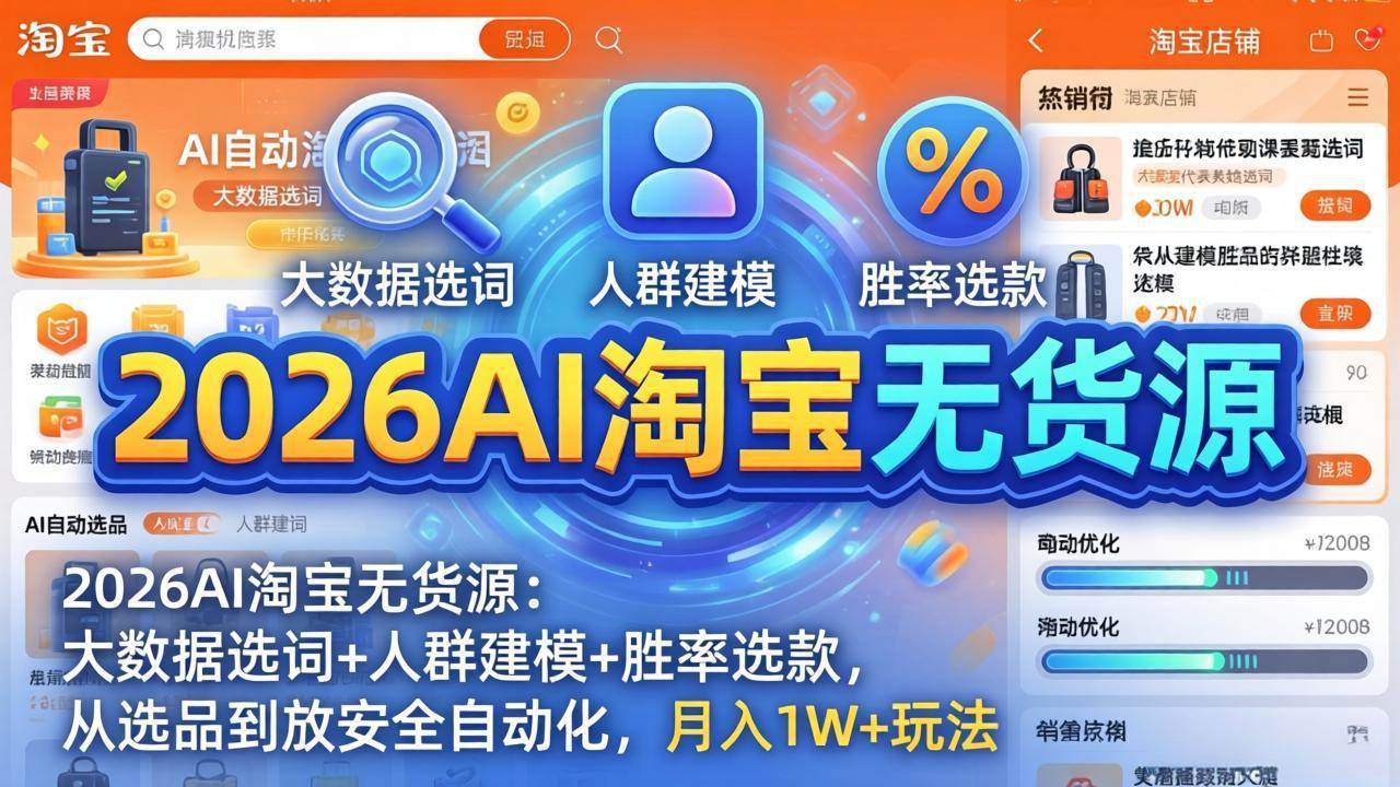 (17812期)2026AI淘宝无货源:大数据选词+人群建模+胜率选款,从选品到放大全自动化,月入1W+玩法-来友网创