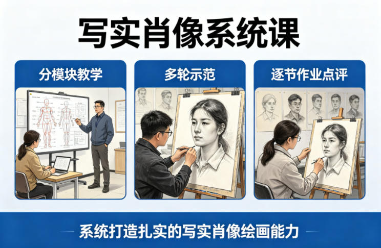 写实肖像系统课,全程分模块教学+多轮示范+逐节作业点评,系统打造扎实的写实肖像绘画能力-来友网创