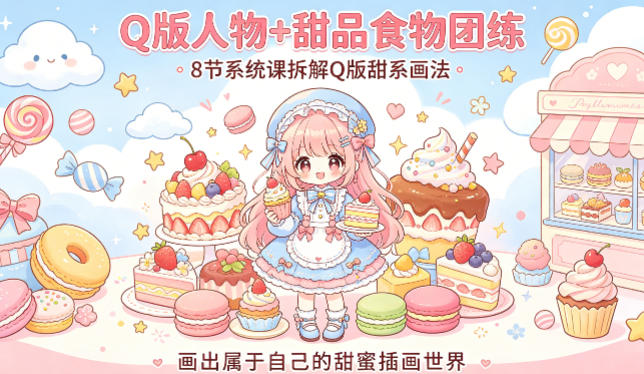 Q版人物+甜品食物团练,8节系统课拆解Q版甜系画法,画出属于自己的甜蜜插画世界-来友网创