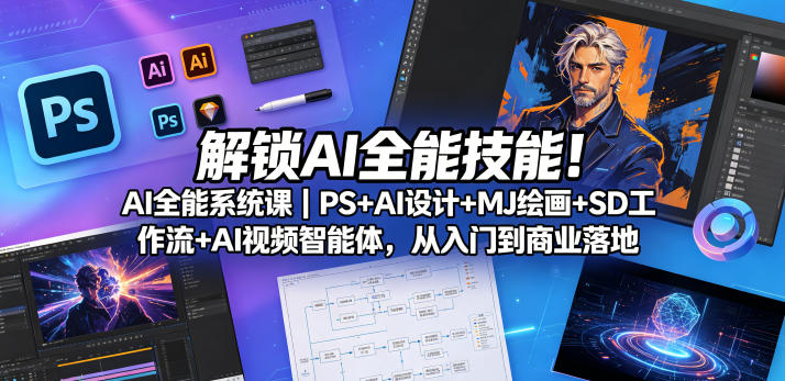 解锁AI全能技能!AI全能系统课|PS+AI设计+MJ绘画+SD工作流+AI视频智能体,从入门到商业落地-来友网创
