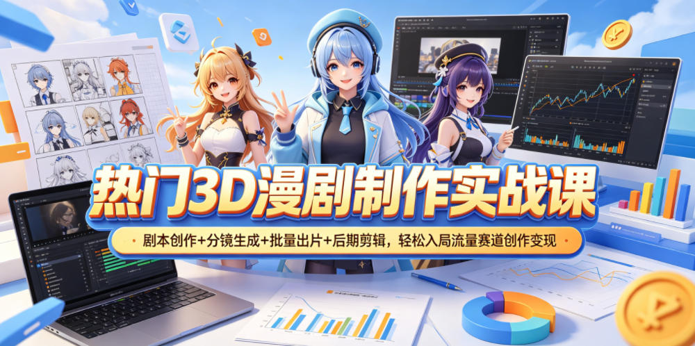 热门3D漫剧制作实战课,剧本创作+分镜生成+批量出片+后期剪辑,轻松入局流量赛道创作变现-来友网创