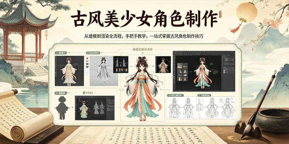 古风美少女角色制作,从建模到渲染全流程,手把手教学,一站式掌握古风角色制作技巧-来友网创