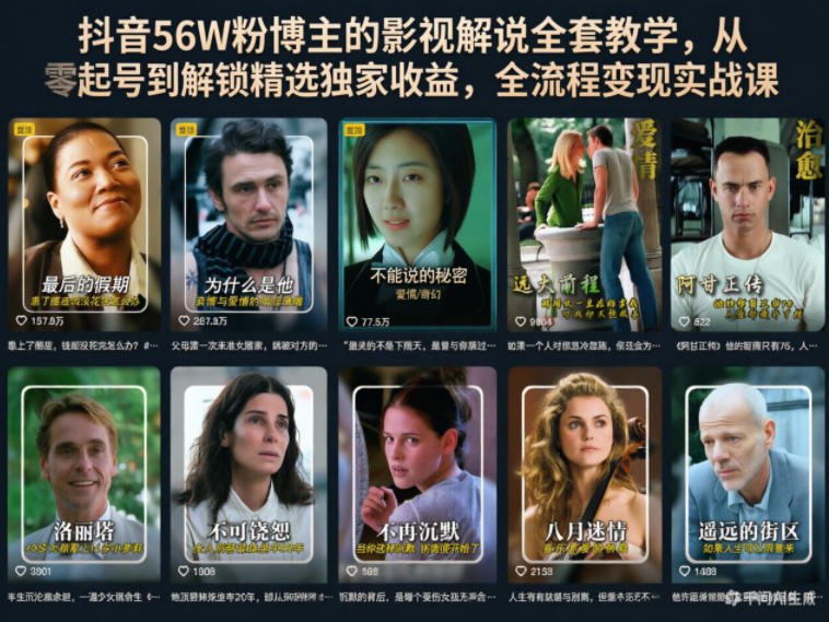 抖音56W粉博主的影视解说全套教学,从零起号到解锁精选独家收益,全流程变现实战课-来友网创