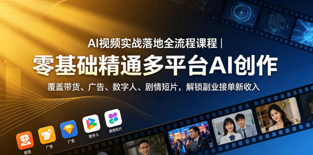 AI视频实战落地全流程课程|零基础精通多平台AI创作,覆盖带货、广告、数字人、剧情短片,解锁副业接单新收入-来友网创