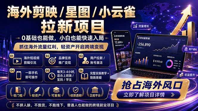 (18567期)海外剪映 / 星图 / 小云雀拉新项目 普通人也能上手的跨境流量变现副业-来友网创