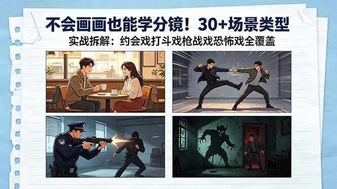 (18591期)不会画画也能学分镜!30+场景类型实战拆解:约会戏打斗戏枪战戏恐怖戏全覆盖-来友网创