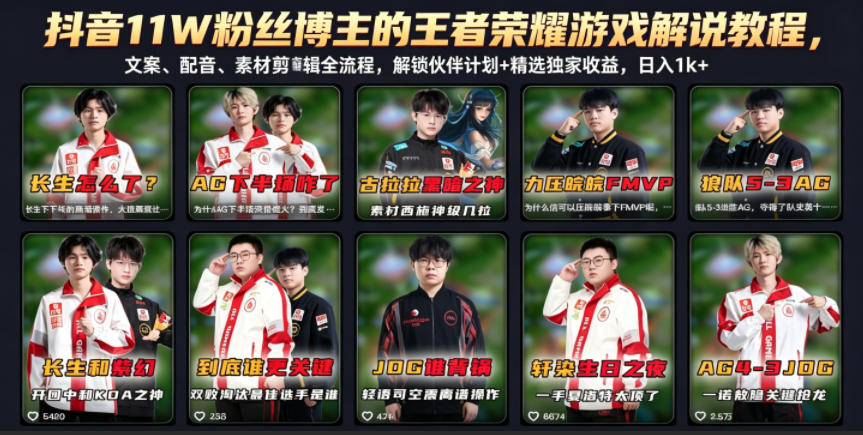 抖音11W粉丝博主的王者荣耀游戏解说教程,文案、配音、素材剪辑全流程,解锁伙伴计划+精选独家收益,日入1k+-来友网创