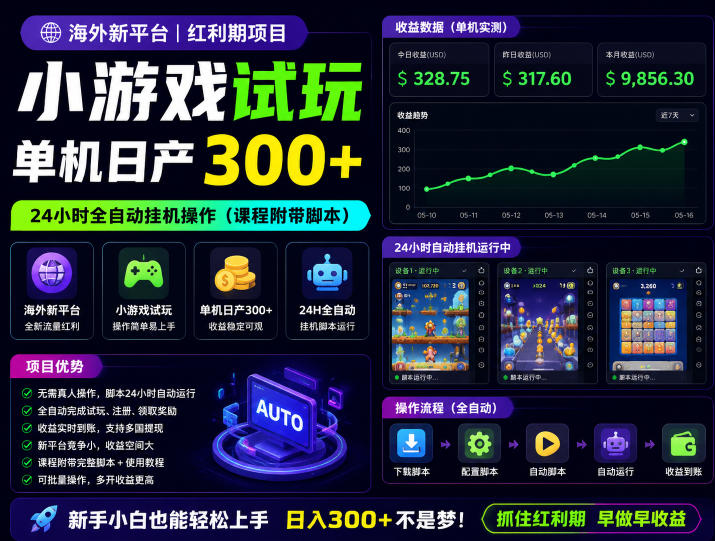 海外新平台,小游戏试玩,单机日产300+,24小时全自动挂G操作(课程附带脚本)【揭秘】-来友网创