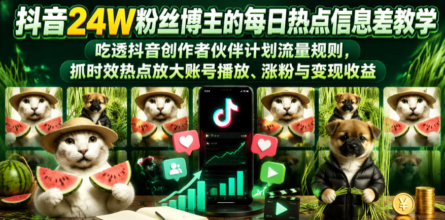 抖音24W粉丝博主的每日热点信息差教学,吃透创作者伙伴计划流量规则,抓时效热点放大账号播放、涨粉与变现收益-来友网创