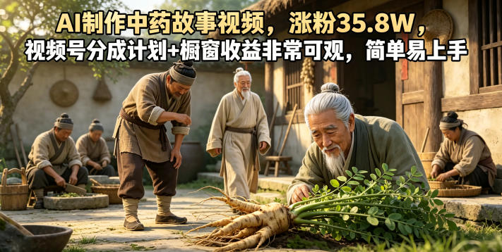 AI制作中药故事视频,涨粉35.8W,视频号分成计划+橱窗收益非常可观,简单易上手-来友网创