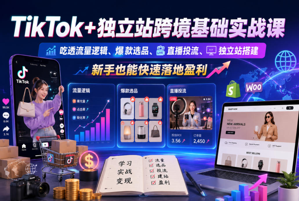 TikTok+独立站跨境基础实战课,吃透流量逻辑、爆款选品、直播投流与独立站搭建,新手也能快速落地盈利-来友网创