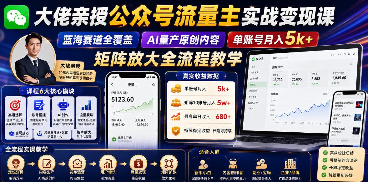 大佬亲授公众号流量主实战变现课,蓝海赛道全覆盖,AI量产原创内容,单账号月入5k+矩阵放大全流程教学-来友网创