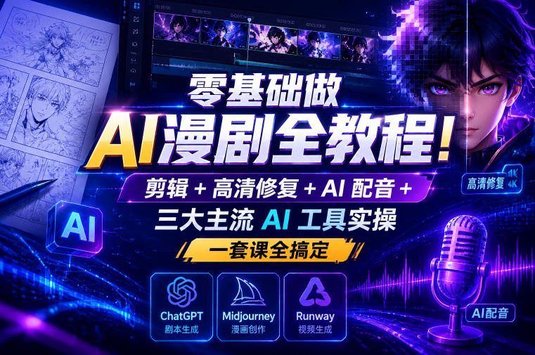 零基础做AI漫剧全教程!剪辑+高清修复+AI配音+三大主流AI工具实操,一套课全搞定-来友网创