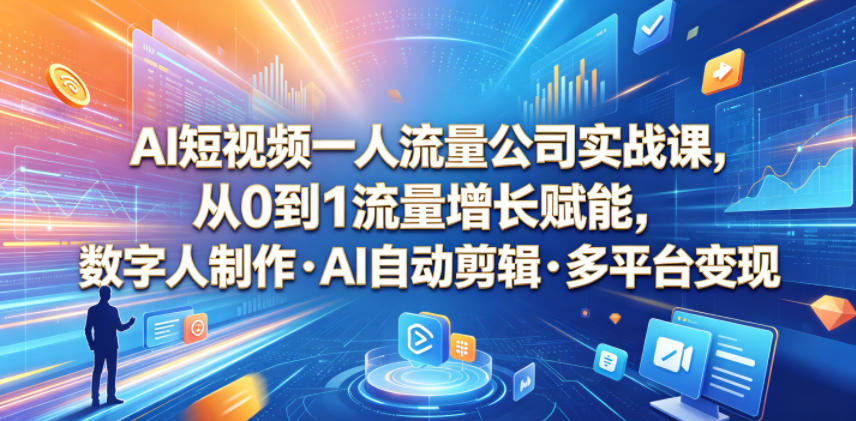 AI短视频一人流量公司实战课,从0到1流量增长赋能,数字人制作・AI自动剪辑・多平台变现,一人做流量生意全落地教程-来友网创