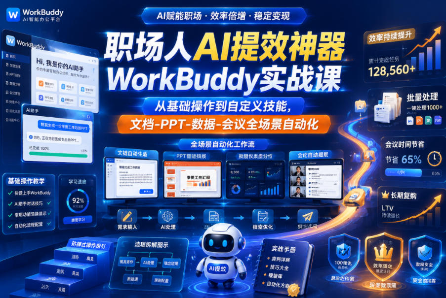 职场人AI提效神器WorkBuddy实战课,从基础操作到自定义技能,文档-PPT-数据-会议全场景自动化-来友网创