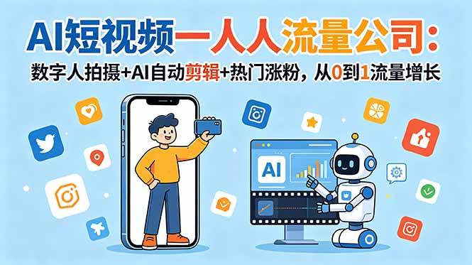 (18864期)AI短视频一人流量公司:数字人拍摄+AI自动剪辑+热门涨粉,从0到1流量增长-来友网创