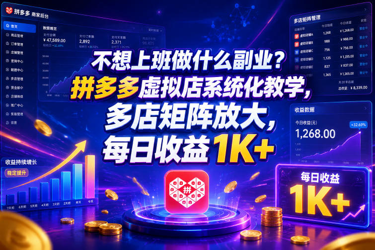 不想上班做什么副业?拼多多虚拟店系统化教学,多店矩阵放大,每日收益1K+【揭秘】-来友网创