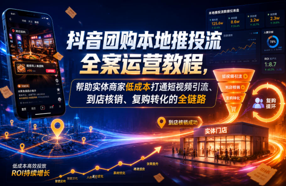 抖音团购本地推投流全案运营教程,帮助实体商家低成本打通短视频引流、到店核销、复购转化的全链路-来友网创