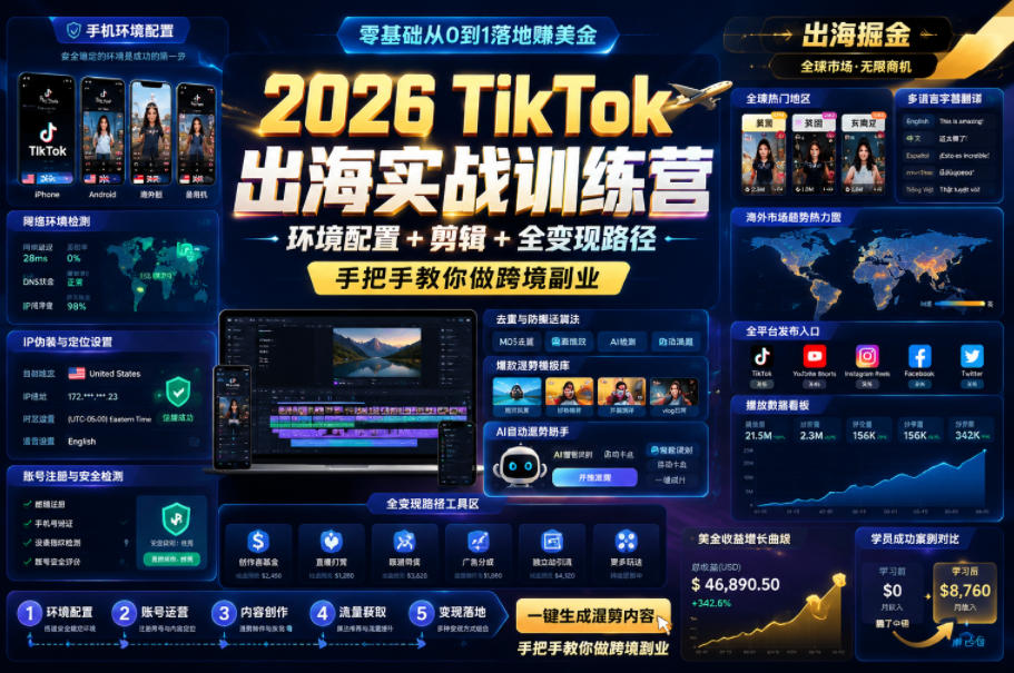 2026 TikTok出海实战训练营,环境配置 + 剪辑 + 全变现路径,手把手教你做跨境副业-来友网创
