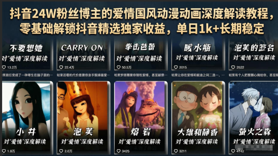 抖音24W粉丝博主的爱情国风动漫动画深度解读教程,零基础解锁抖音精选独家收益,单日1k+长期稳定-来友网创