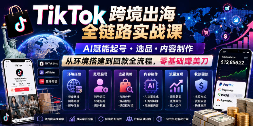 TikTok跨境出海全链路实战课,AI赋能起号・选品・内容制作,从环境搭建到回款全流程,零基础賺美刀-来友网创