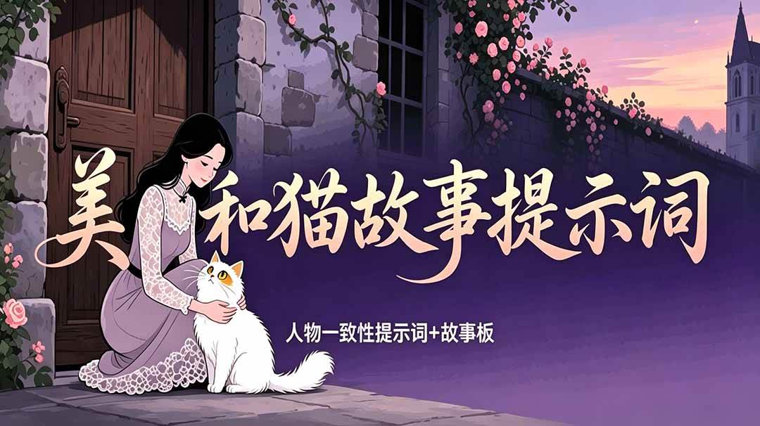 (18909期)美女和猫故事提示词,人物一致性提示词+故事板-来友网创