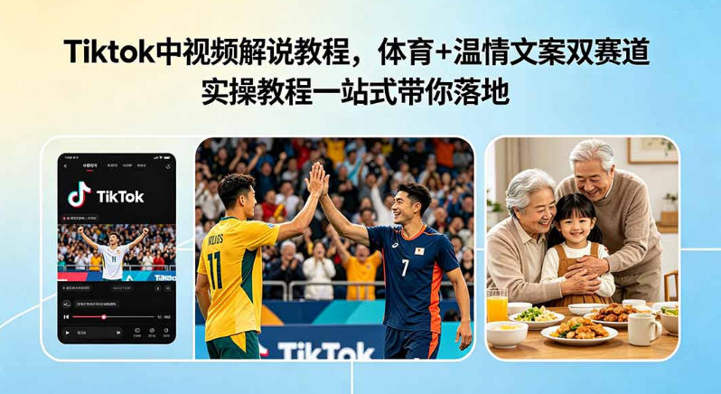 Tiktok中视频解说教程,体育+温情文案双赛道实操教程一站式带你落地,教你出海賺美刀-来友网创