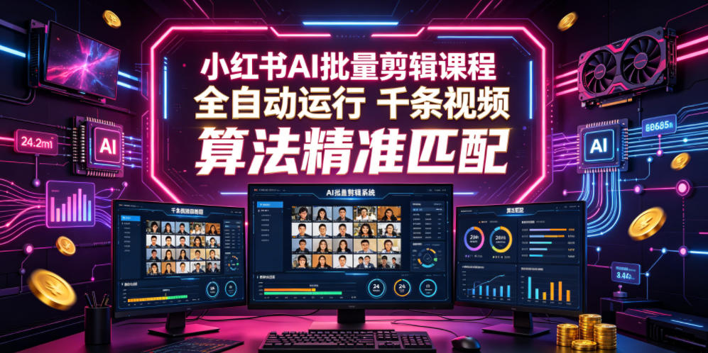 小红书AI批量剪辑课程,24小时全自动运行,解放双手专注运营,千条视频批量处理,小红书算法精准匹配-来友网创