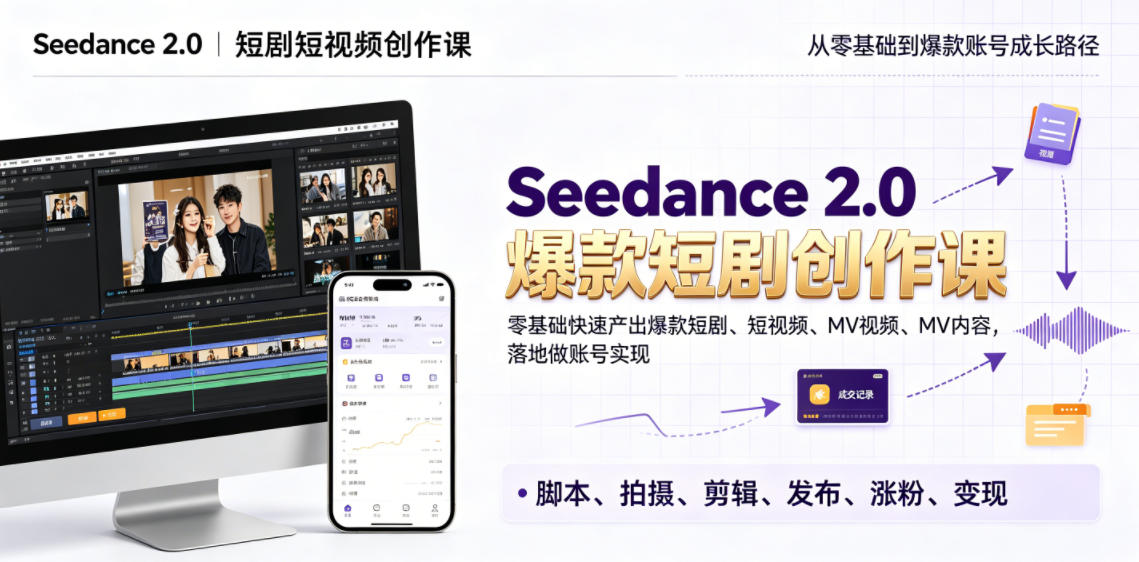 Seedance 2.0短剧短视频创作课,零基础快速产出爆款短剧、短视频、MV内容,落地做账号实现变现-来友网创