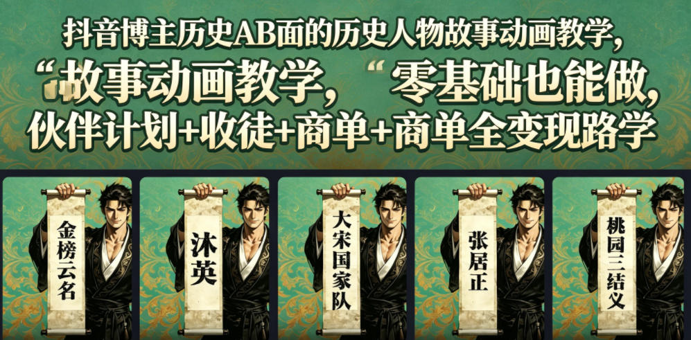 抖音博主历史AB面的历史人物故事动画教学,零基础也能做,伙伴计划+收徒+商单全变现路径教学-来友网创