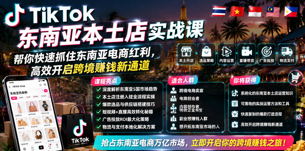 TikTok东南亚本土店实战课,帮你快速抓住东南亚电商红利,高效开启跨境賺钱新通道-来友网创
