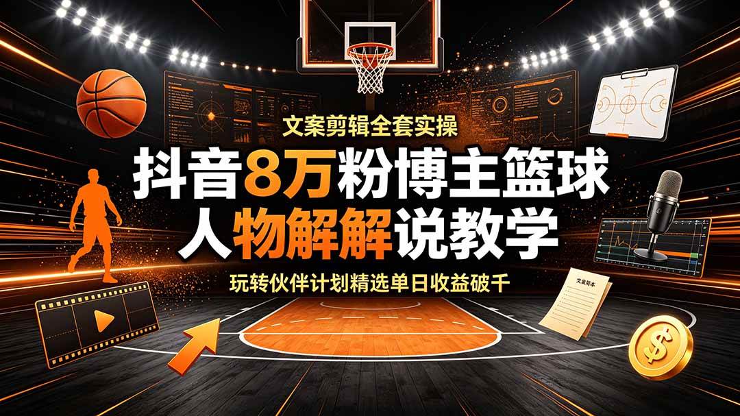 (19135期)抖音8万粉博主篮球人物解说教学,文案剪辑全套实操,玩转伙伴计划精选单日收益破千-来友网创