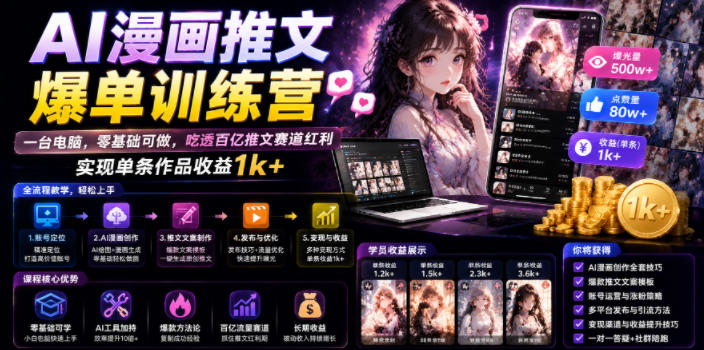 AI漫画推文爆单训练营,一台电脑,零基础可做,吃透百亿推文赛道红利,实现单条作品收益1k+-来友网创