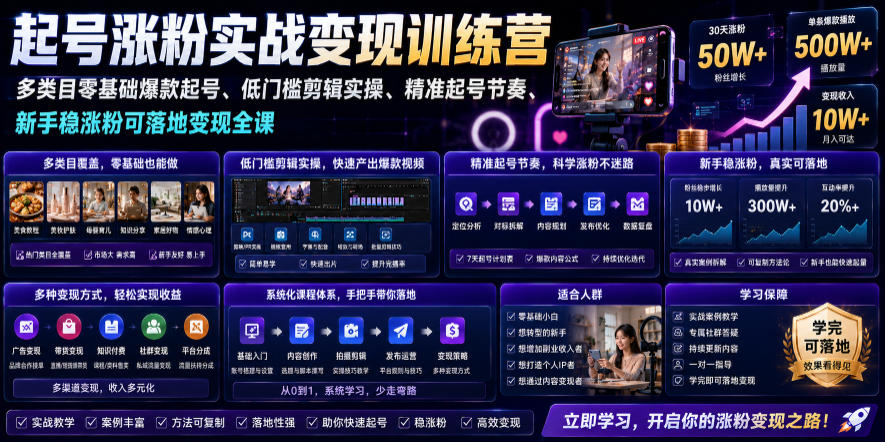 苗子起号涨粉实战变现训练营,多类目零基础爆款起号、精准起号节奏、新手稳涨粉可落地变现全课-来友网创