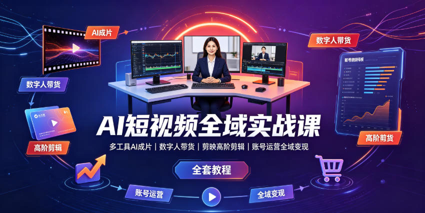 AI短视频全域实战课|多工具AI成片、数字人带货、剪映高阶剪辑、账号运营全域变现全套教程-来友网创