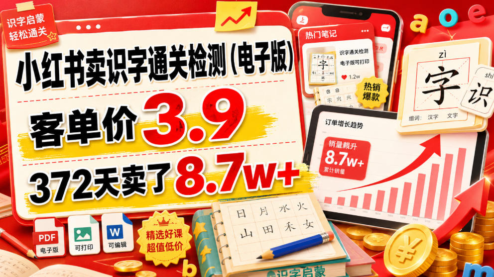 小红书卖识字通关检测(电子版),客单价3.9,372天卖了8.7w+-来友网创